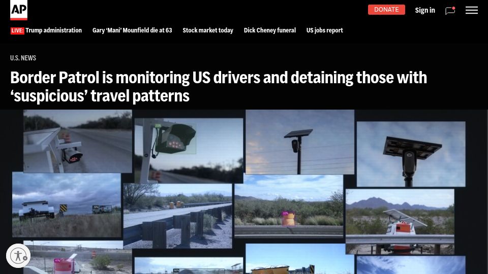 Screenshot of apnews.com: CBP is monitoring US drivers and detaining those with suspicious travel patterns