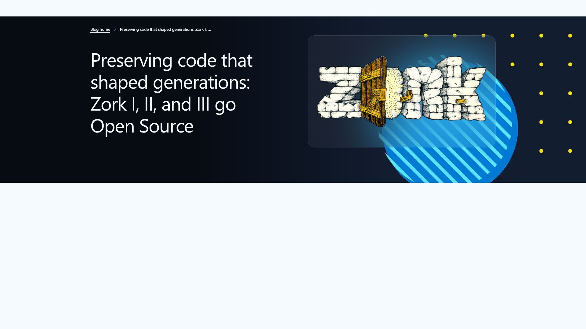 Screenshot of opensource.microsoft.com: Microsoft makes Zork open-source