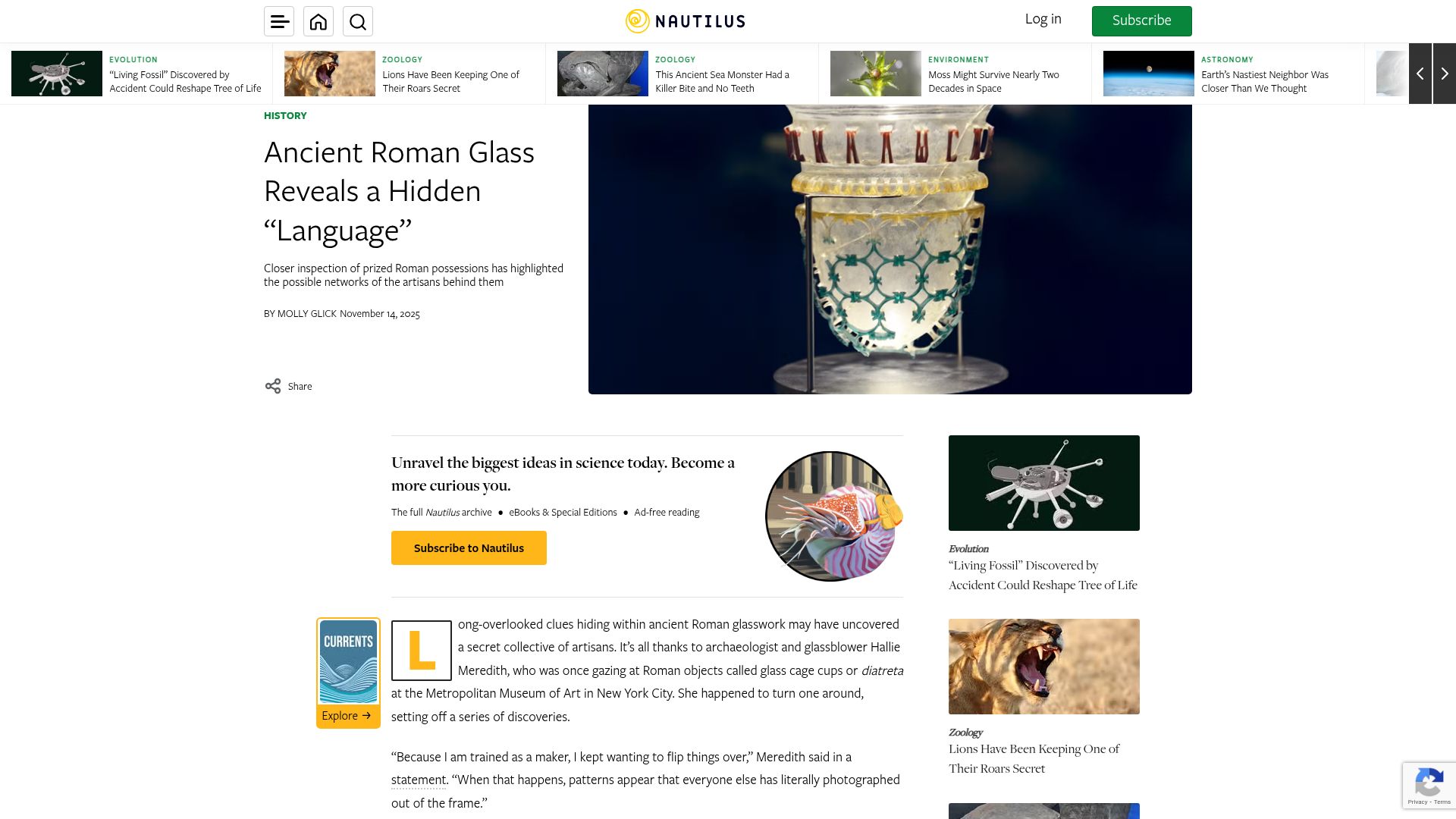 Screenshot of nautil.us: Ancient Roman Glass Reveals a Hidden "Language"
