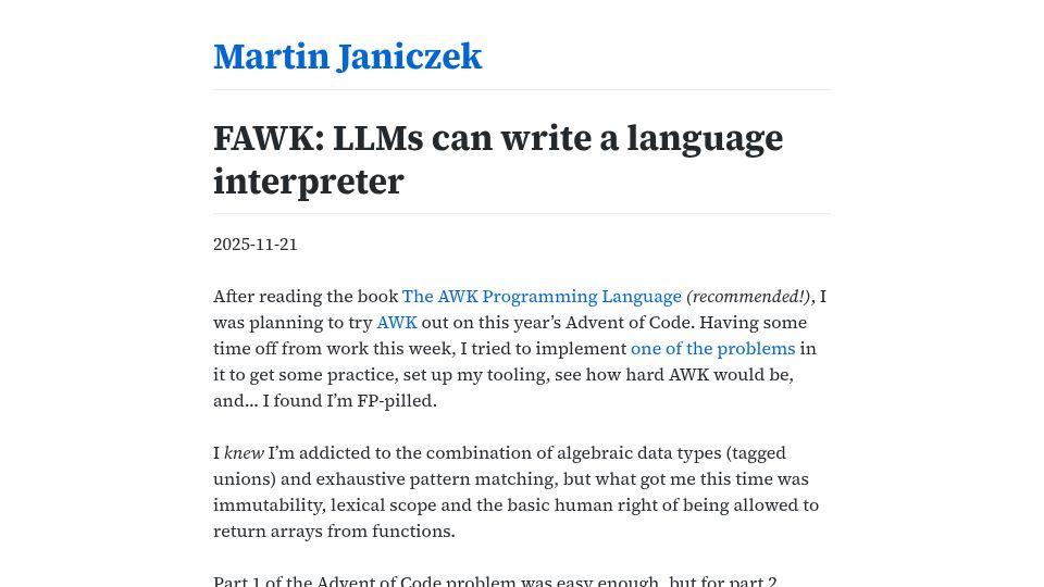 Screenshot of martin.janiczek.cz: FAWK: LLMs can write a language interpreter