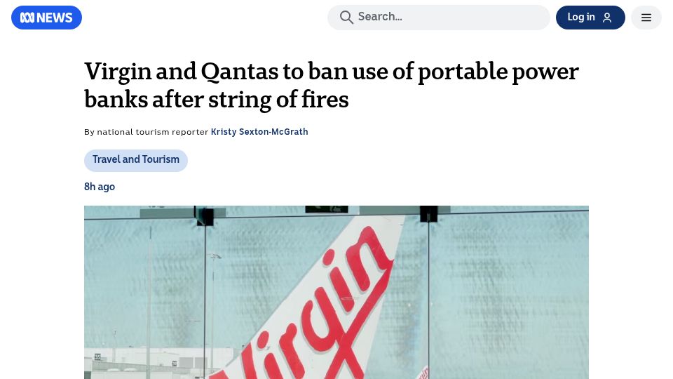 Screenshot of abc.net.au: Virgin and Qantas to ban use of portable power banks after string of fires