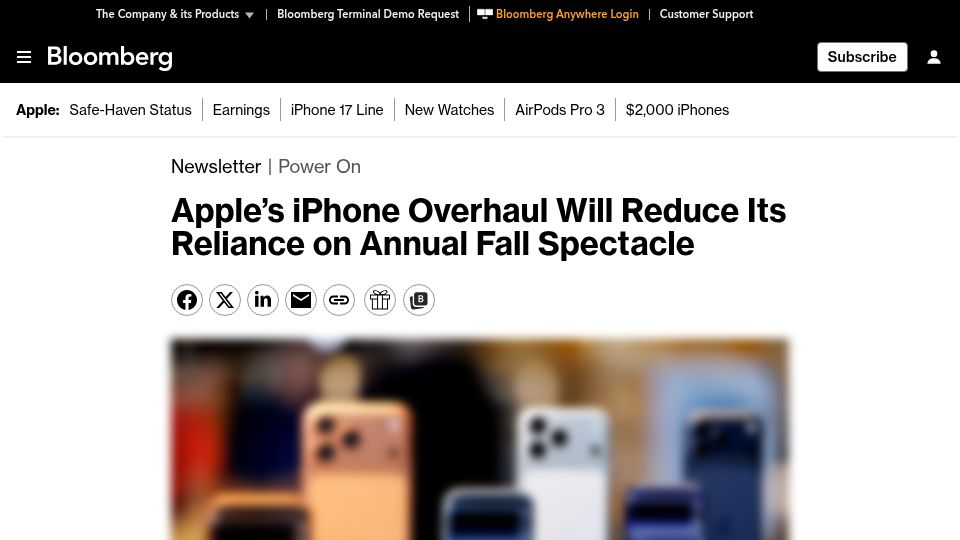 Screenshot of bloomberg.com: Apple's iPhone Overhaul Will Reduce Its Reliance on Annual Fall Spectacle