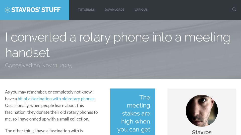 Screenshot of stavros.io: I converted a rotary phone into a meeting handset