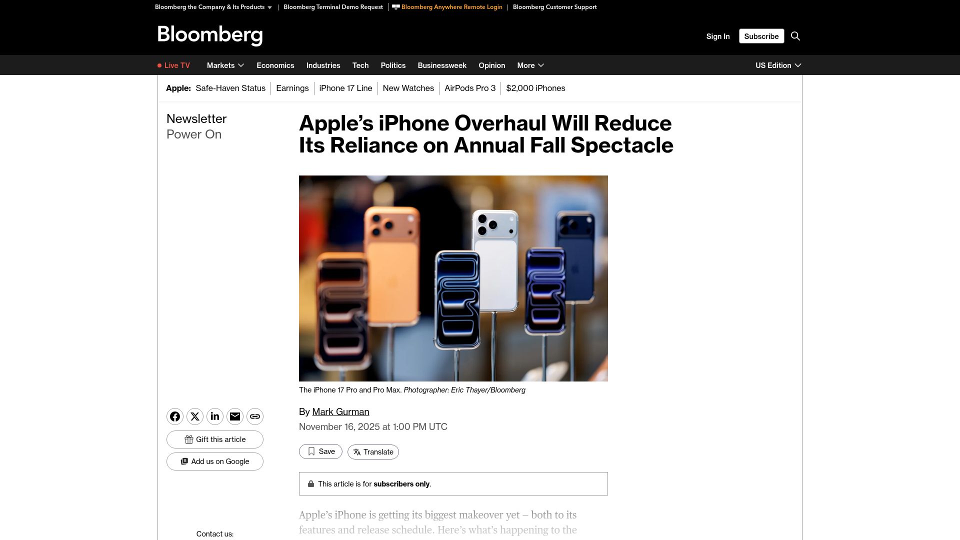 Screenshot of bloomberg.com: Apple's iPhone Overhaul Will Reduce Its Reliance on Annual Fall Spectacle