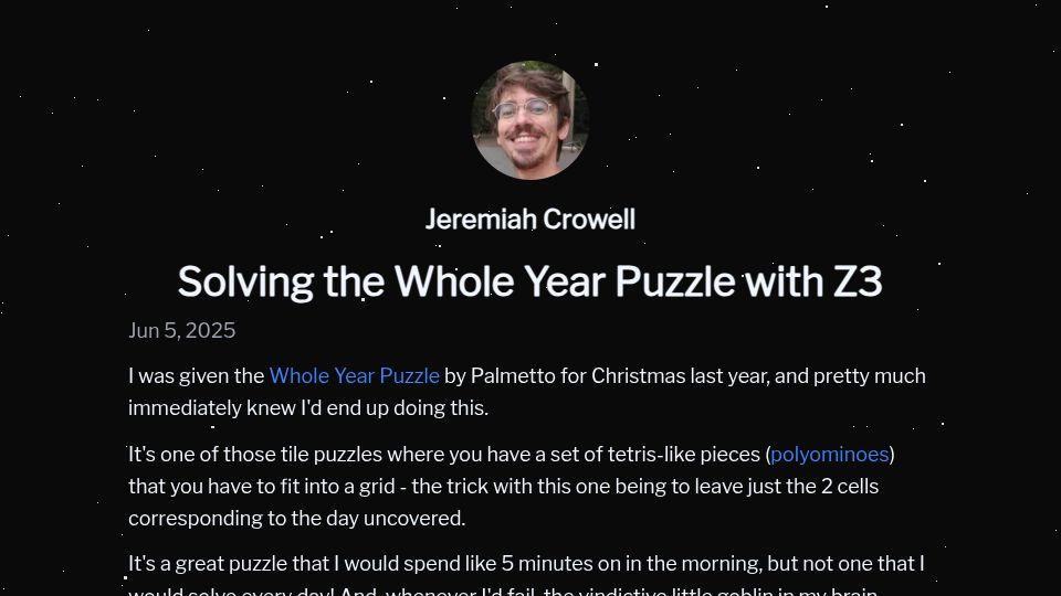 Screenshot of jcrowell.net: Solving the Whole Year Puzzle with Z3