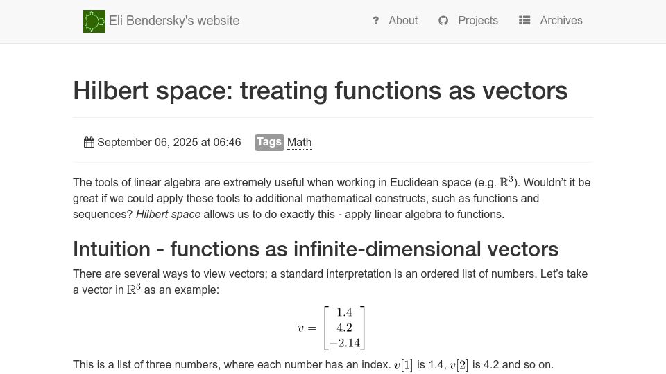 Screenshot of eli.thegreenplace.net: Hilbert space: Treating functions as vectors