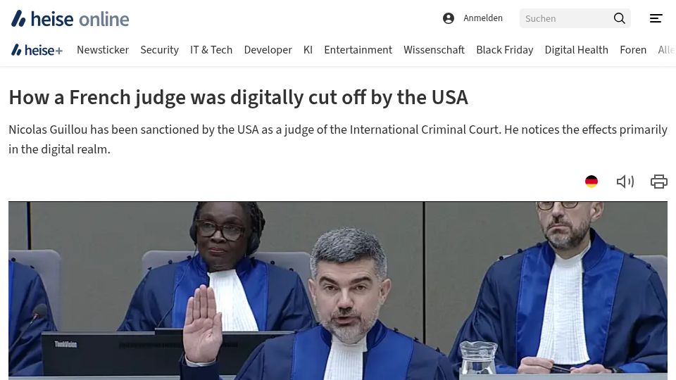 Screenshot of heise.de: How a French judge was digitally cut off by the USA