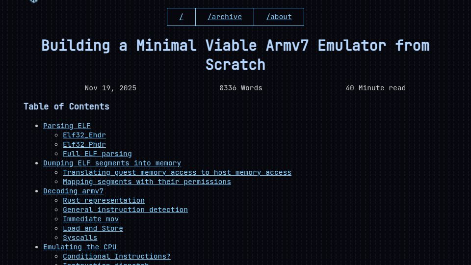 Screenshot of xnacly.me: Building a Minimal Viable Armv7 Emulator from Scratch