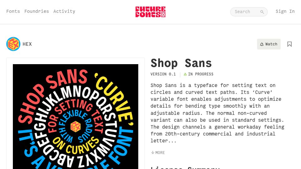 Screenshot of futurefonts.com: Shop Sans is a typeface for curved text paths