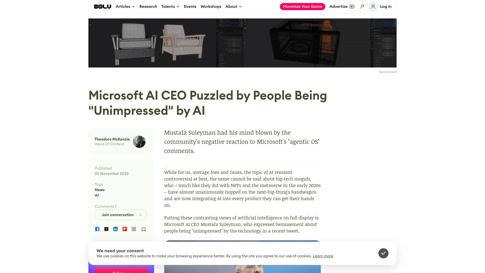 Screenshot of 80.lv: Microsoft AI CEO Puzzled by People Being Unimpressed by AI