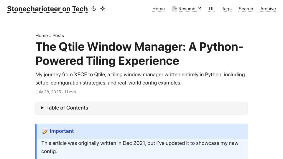 Screenshot of tech.stonecharioteer.com: The Qtile Window Manager: A Python-Powered Tiling Experience