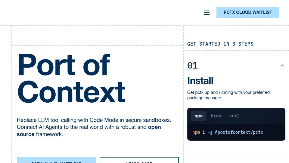 Screenshot of portofcontext.com: Open Source and Local Code Mode MCP in Deno Sandboxes