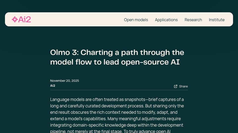 Screenshot of allenai.org: Olmo 3: Charting a path through the model flow to lead open-source AI