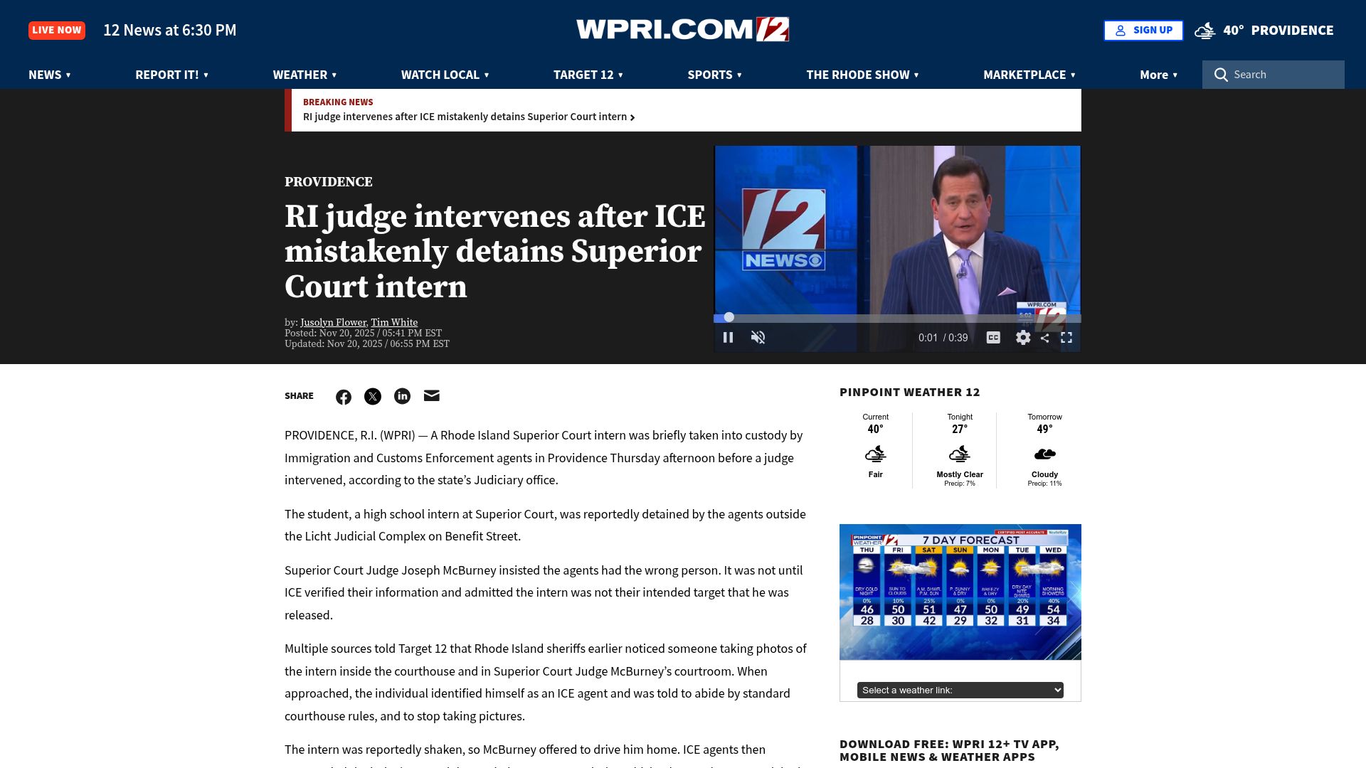 Screenshot of wpri.com: RI judge intervenes after ICE mistakenly detains Superior Court intern