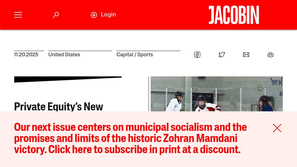 Screenshot of jacobin.com: Private Equity's New Venture: Youth Sports