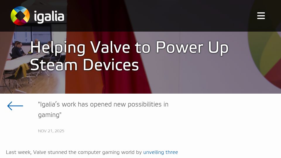 Screenshot of igalia.com: Helping Valve to power up Steam devices