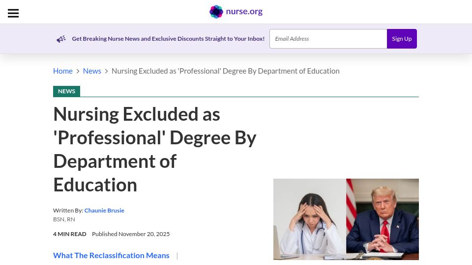 Screenshot of nurse.org: Nursing excluded as 'professional' degree by Department of Education