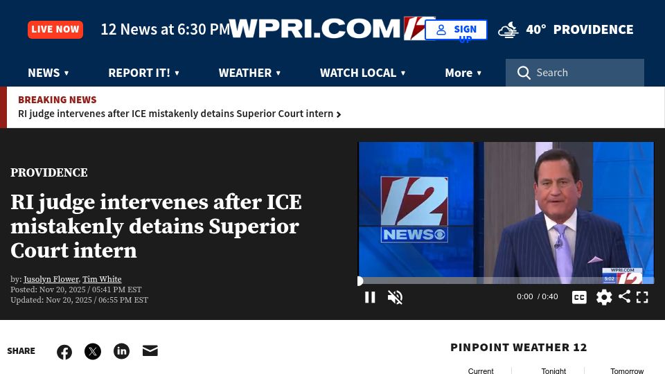 Screenshot of wpri.com: RI judge intervenes after ICE mistakenly detains Superior Court intern