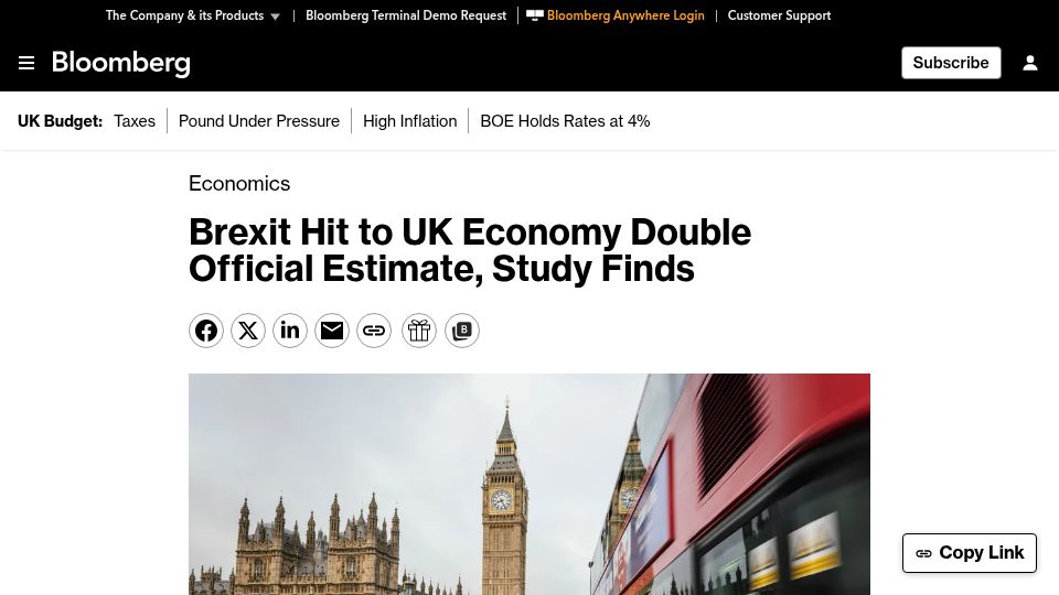 Screenshot of bloomberg.com: Brexit Hit to UK Economy Double Official Estimate, Study Finds