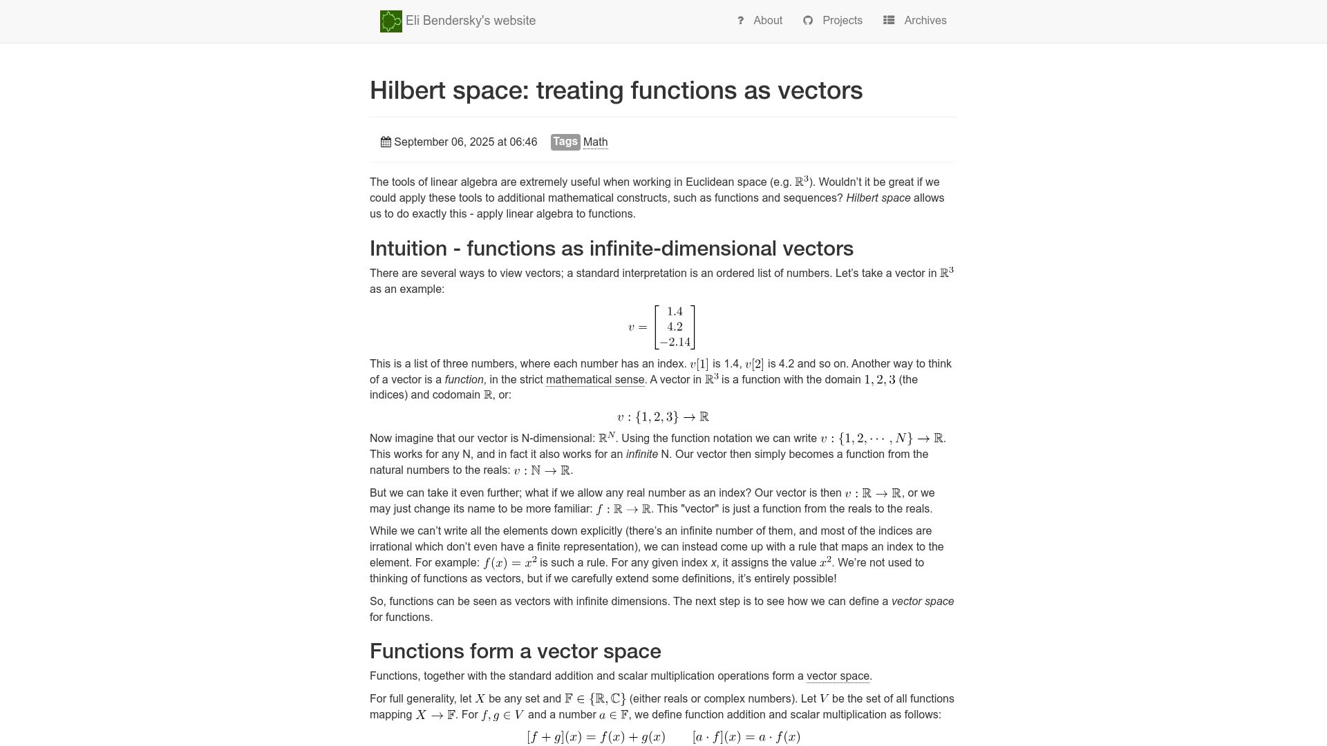 Screenshot of eli.thegreenplace.net: Hilbert space: Treating functions as vectors
