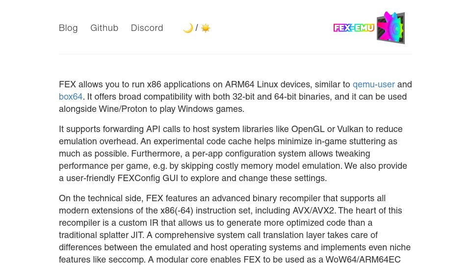 Screenshot of fex-emu.com: FEX-emu – Run x86 applications on ARM64 Linux devices
