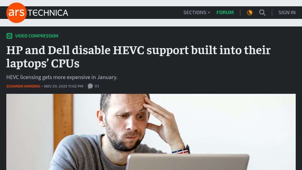 Screenshot of arstechnica.com: HP and Dell disable HEVC support built into their laptops' CPUs