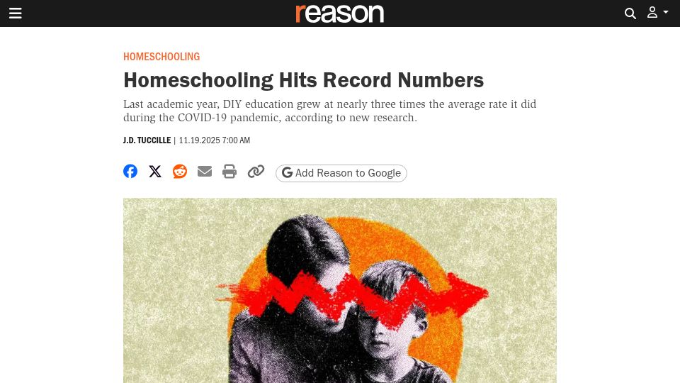 Screenshot of reason.com: Homeschooling hits record numbers