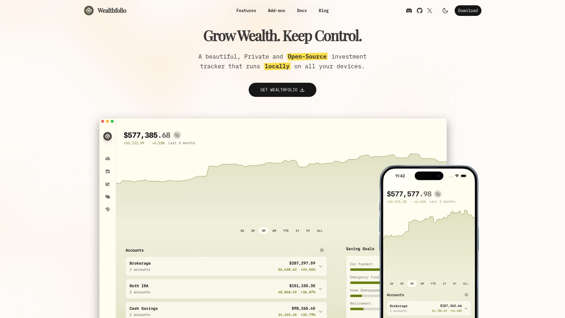 Screenshot of wealthfolio.app: Show HN: Wealthfolio 2.0- Open source investment tracker. Now Mobile and Docker