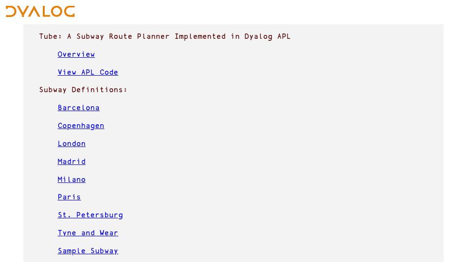Screenshot of dfns.dyalog.com: Tube: A subway route planner in Dyalog APL (2011)