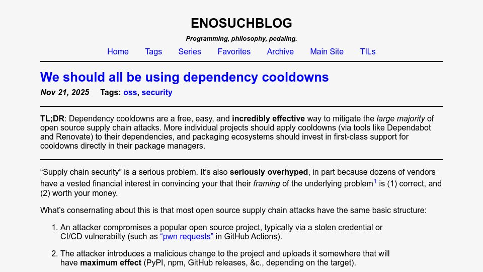 Screenshot of blog.yossarian.net: We should all be using dependency cooldowns