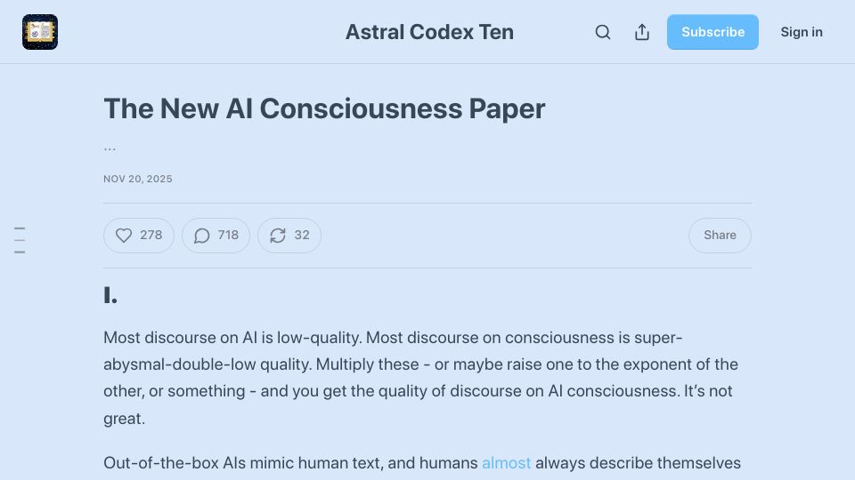 Screenshot of astralcodexten.com: The New AI Consciousness Paper