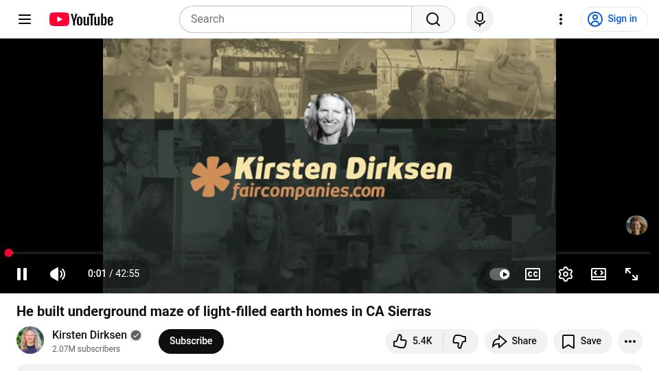 Screenshot of youtube.com: He built underground maze of light-filled earth homes in CA Sierras [video]