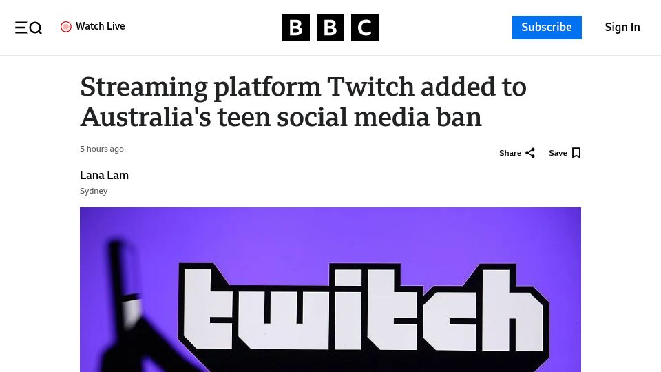 Screenshot of bbc.com: Streaming platform Twitch added to Australia's teen social media ban