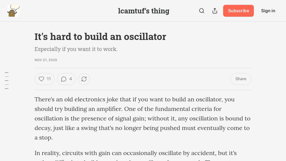 Screenshot of lcamtuf.substack.com: It's hard to build an oscillator