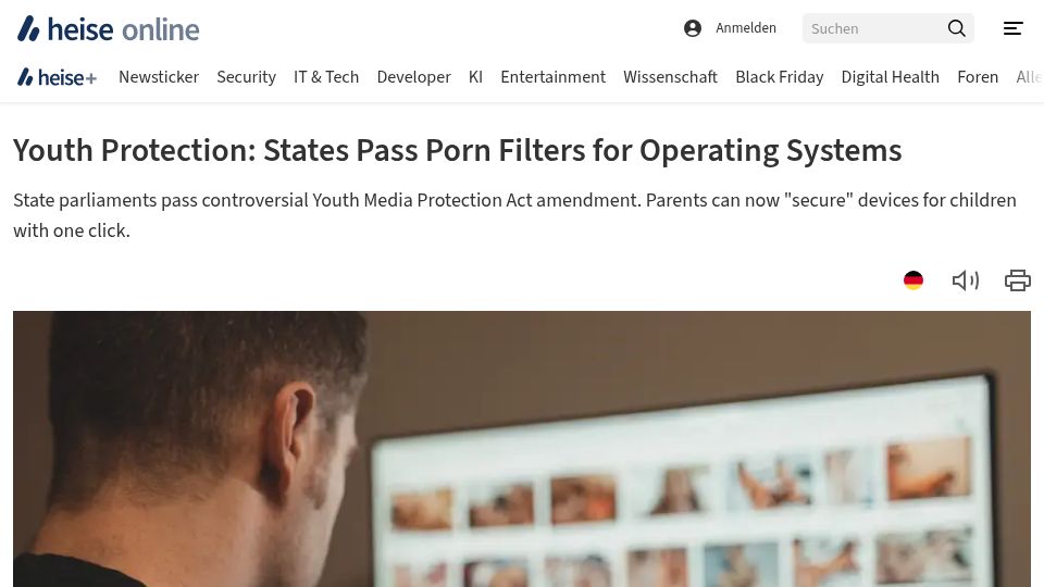 Screenshot of heise.de: Germany: States Pass Porn Filters for Operating Systems