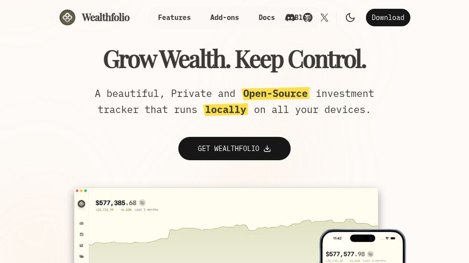 Screenshot of wealthfolio.app: Show HN: Wealthfolio 2.0- Open source investment tracker. Now Mobile and Docker