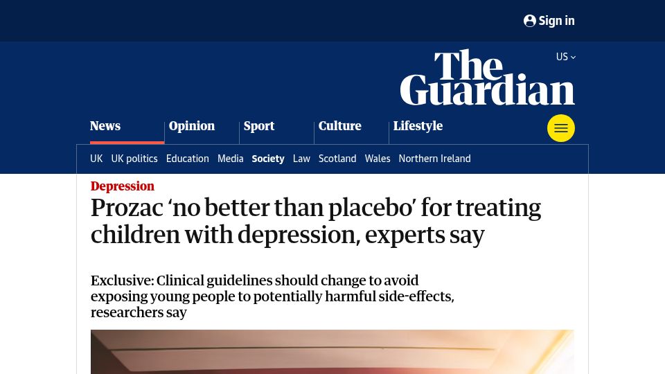 Screenshot of theguardian.com: Prozac 'no better than placebo' for treating children with depression, experts