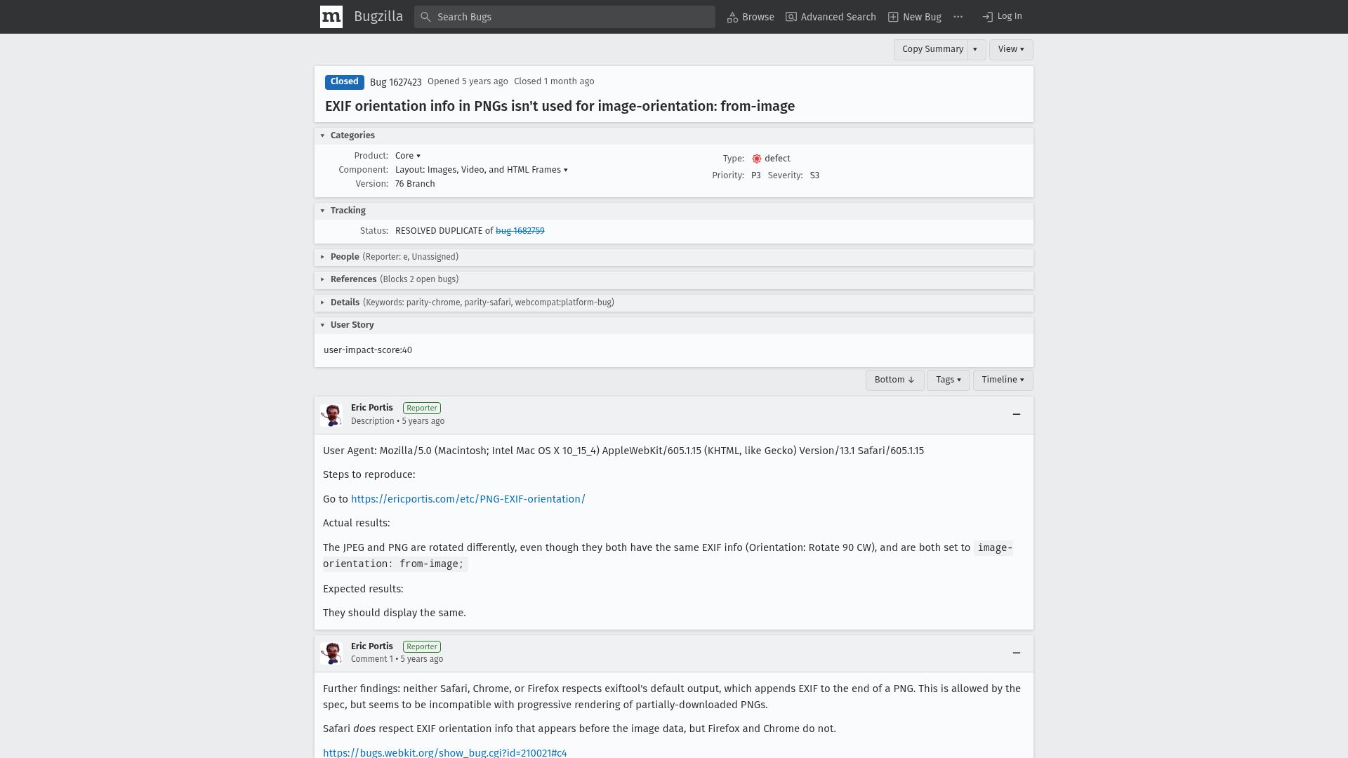 Screenshot of bugzilla.mozilla.org: EXIF orientation info in PNGs isn't used for image-orientation: from-image