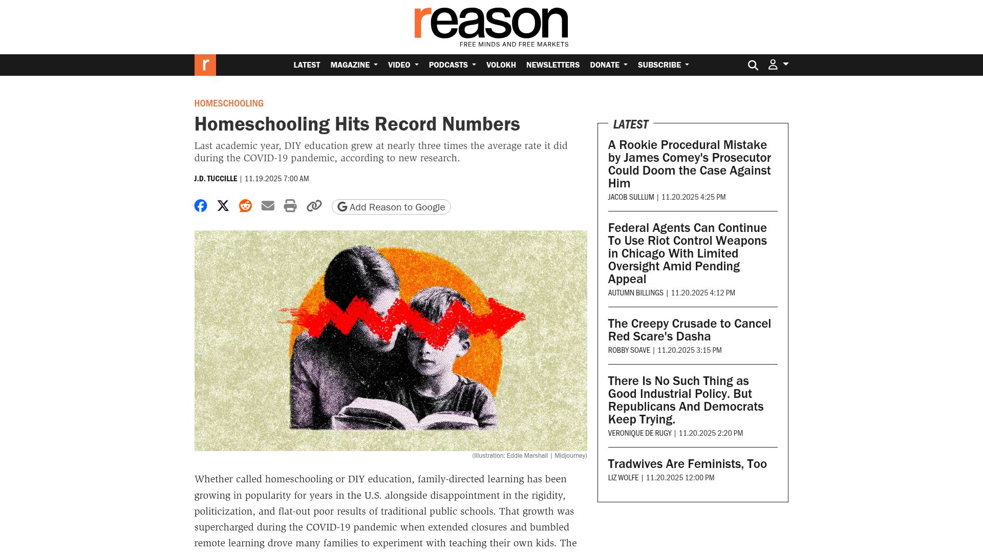 Screenshot of reason.com: Homeschooling hits record numbers