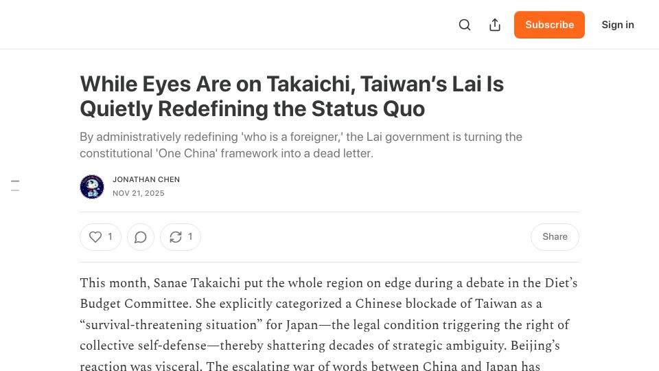Screenshot of jonathancc.substack.com: While Eyes Are on Takaichi, Taiwan's Lai Is Quietly Redefining the Status Quo