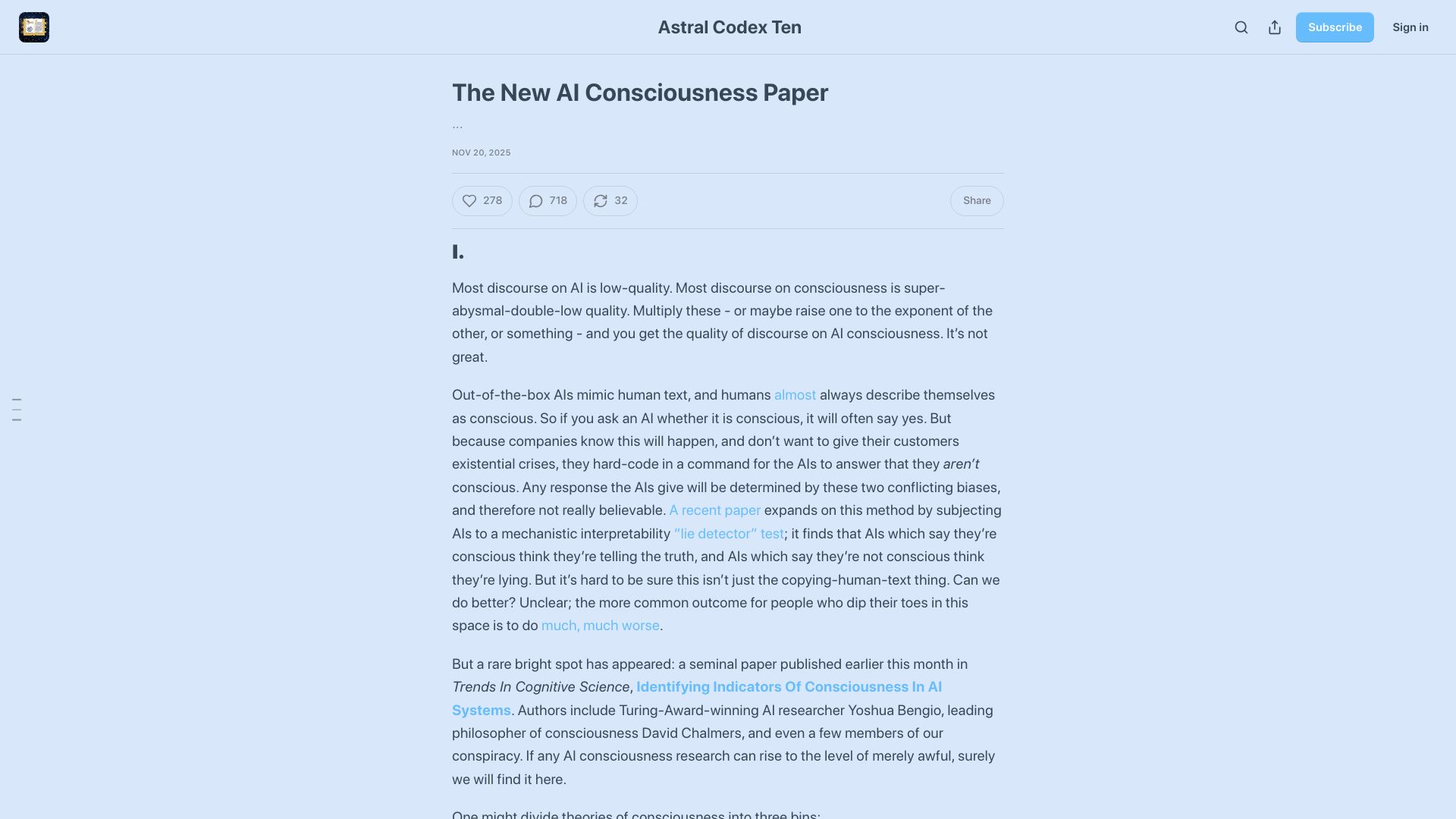Screenshot of astralcodexten.com: The New AI Consciousness Paper