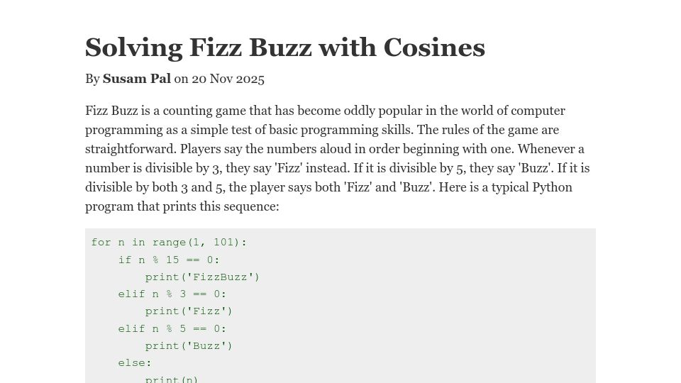 Screenshot of susam.net: Solving Fizz Buzz with Cosines