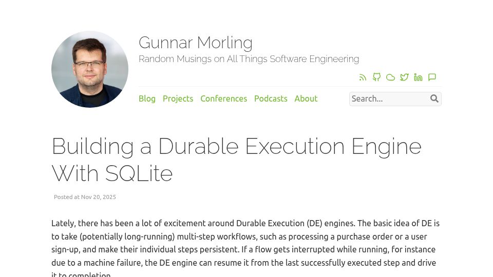 Screenshot of morling.dev: Building a Durable Execution Engine with SQLite
