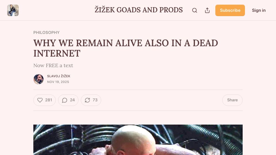 Screenshot of slavoj.substack.com: We remain alive also in a dead internet