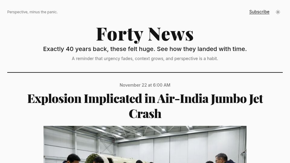 Screenshot of forty.news: Show HN: Forty.News – Daily news, but on a 40-year delay