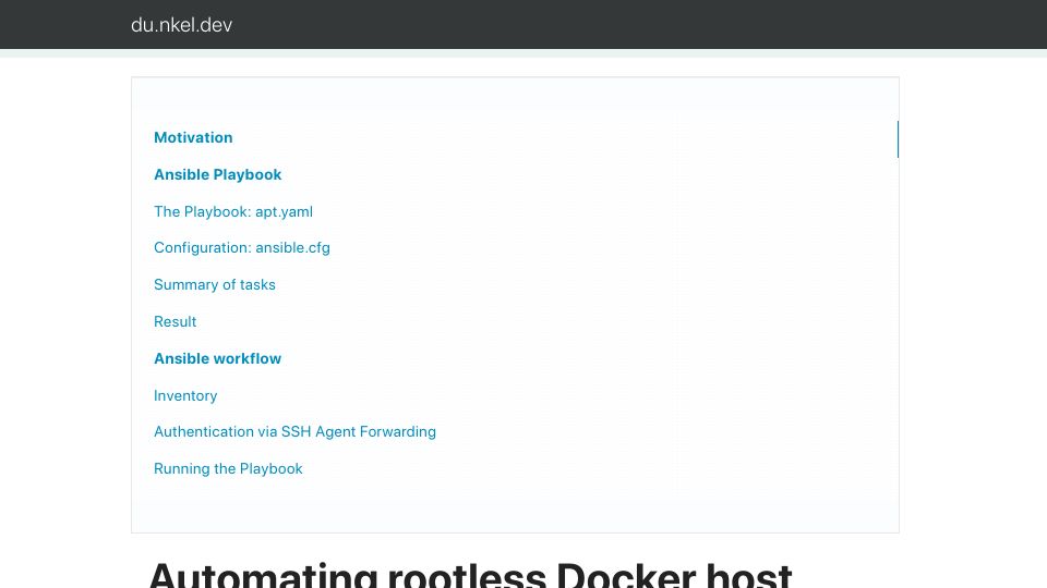 Screenshot of du.nkel.dev: Automating rootless Docker host updates with Ansible