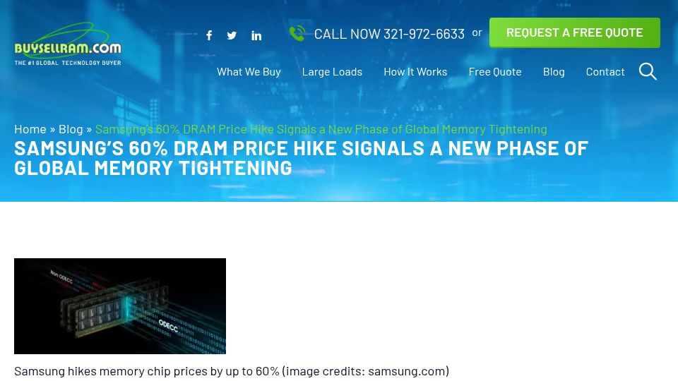 Screenshot of buysellram.com: Samsung's 60% DRAM price hike signals a new phase of global memory tightening