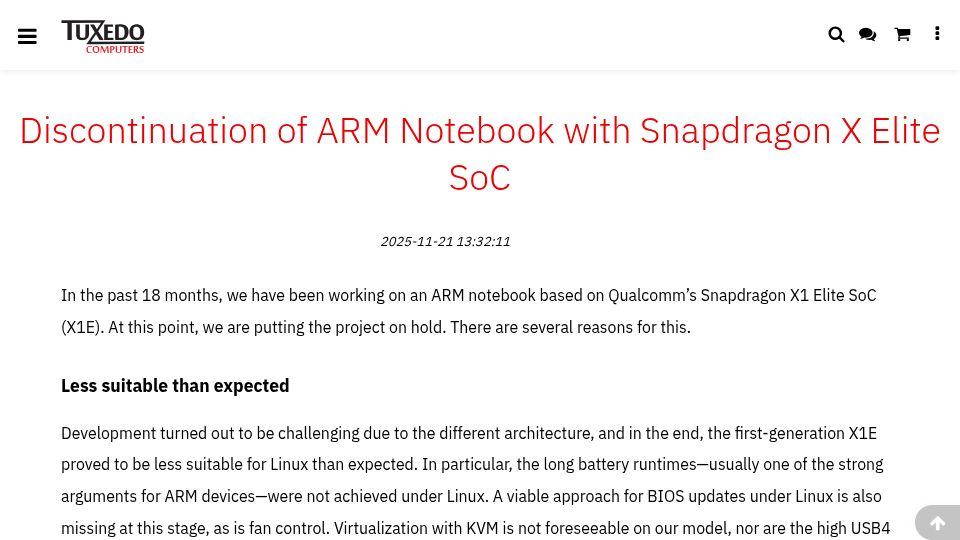 Screenshot of tuxedocomputers.com: Discontinuation of ARM Notebook with Snapdragon X Elite SoC