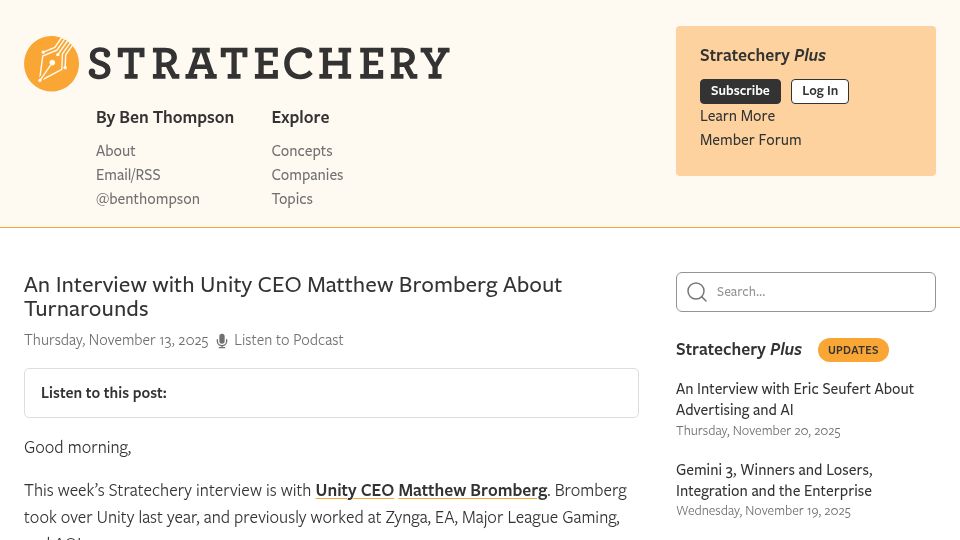 Screenshot of stratechery.com: An Interview with Unity CEO Matthew Bromberg About Turnarounds