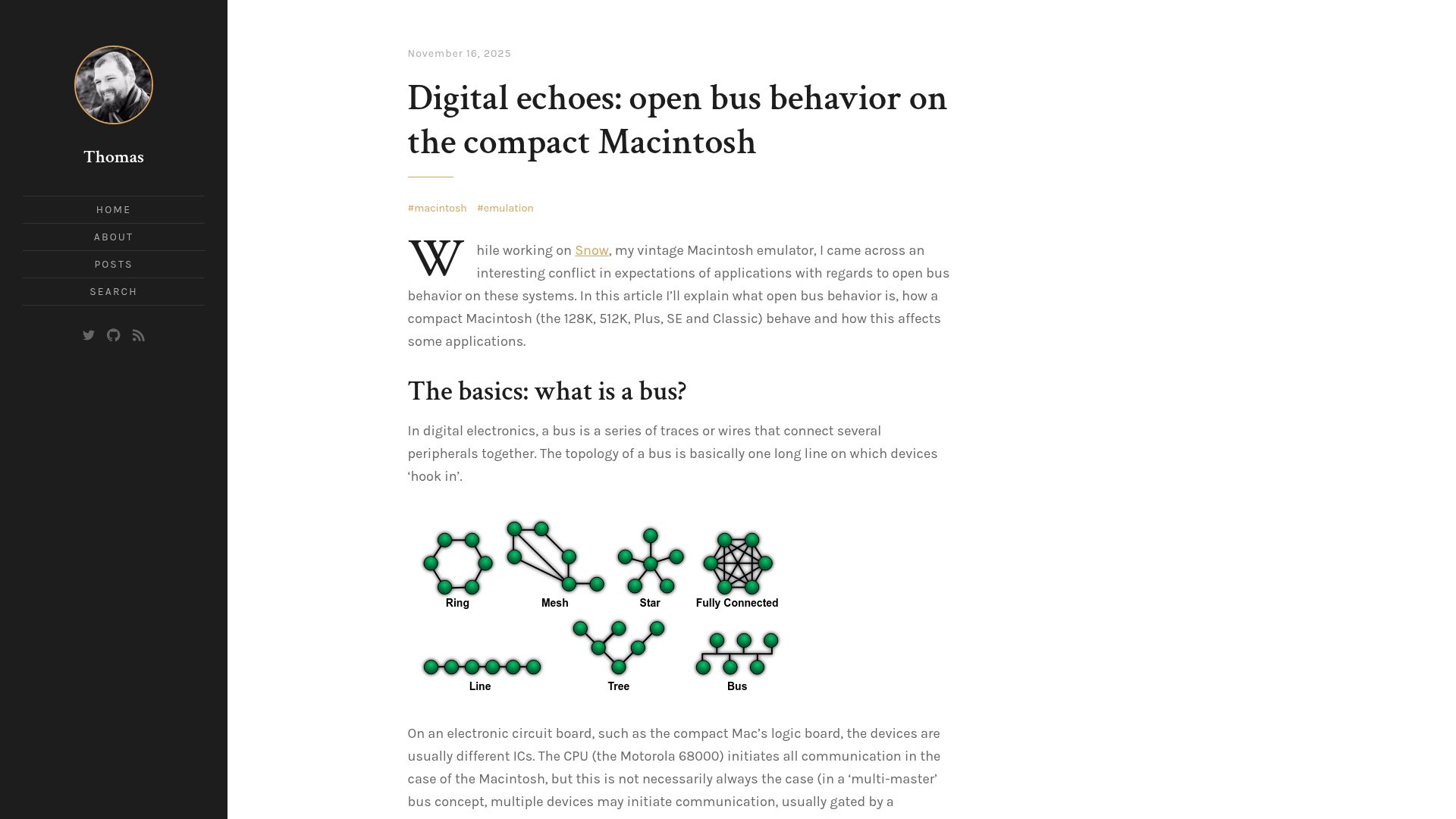 Screenshot of thomasw.dev: Digital echoes: open bus behavior on the compact Macintosh